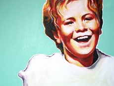 Portrait painting of a young boy in a graphic bright style