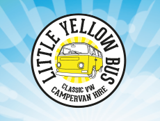 Little Yellow Bus logo illustration with sun and clouds