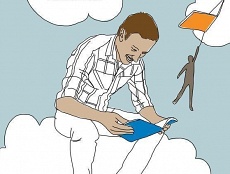 Digital illustration of someone reading a book